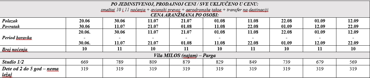 vila milos parga avio cenovnik Cenovnik