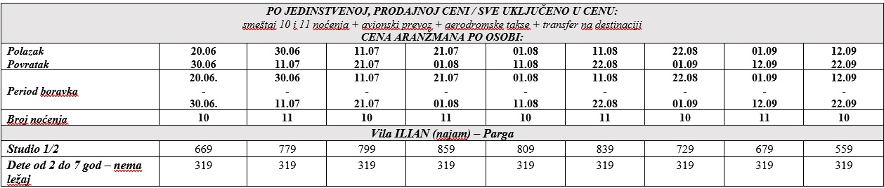 vila ilion parga avio cenovnik Cenovnik