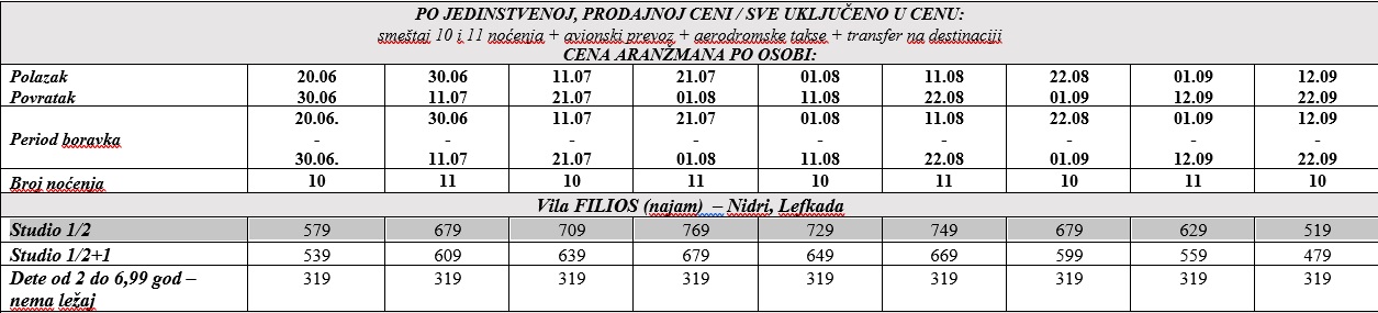 vila filios lefkada avio cenovnik Cenovnik