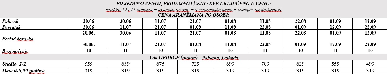 vila george lefkada avio cenovnik Cenovnik